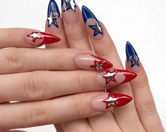 Handcrafted USA Independence Press On Nails, Red Blue Silver Stars