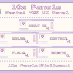 May include: A set of pastel Y2K UI panels on a light purple background. The design features a folder icon, a pixel heart, and five UI panels labelled "About Me", "Rules", "Contact", "F.A.Q.", and "Donate". The text "10x Panels" and "@jellysoul" are also visible.