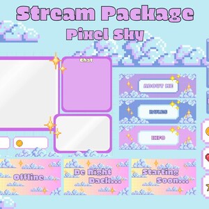 May include: A digital streaming overlay package titled "Stream Package Pixel Sky." The design features a pixelated sky background with clouds and various interface elements in pastel colors. Includes chat boxes, status indicators, and labels like "New Raid" and "Starting Soon."