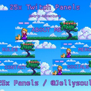 Könnte beinhalten: Pixelige Twitch-Panels mit Retro-Abenteuer-Thema. Jedes Panel zeigt eine Figur, einen Baum mit herzförmigen Früchten und Text wie "About Me", "Rules" und "Merch". Der Hintergrund ist ein blauer Himmel mit Wolken. Der Text "25x Twitch Panels" steht oben.
