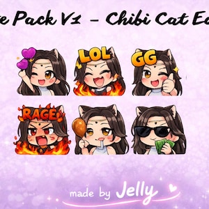 Könnte beinhalten: Emote Pack V1 - Chibi Cat Edition, mit sechs Illustrationen im Chibi-Stil eines Charakters mit Katzenohren. Jedes Emote zeigt einen anderen Ausdruck, darunter Herzen, Lachen, Daumen hoch und Wut. Der Hintergrund ist ein sanftes Lila mit Glitzer.