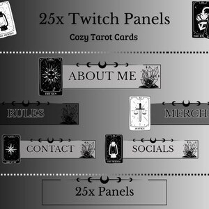 Könnte beinhalten: Schwarz-weiße Twitch-Panels mit Tarotkarten-Illustrationen. Die Panels zeigen Texte wie „Über mich“, „Regeln“, „Merch“, „Kontakt“ und „Soziales“. Die Worte „25x Twitch Panels“ und „Cozy Tarot Cards“ sind ebenfalls sichtbar.