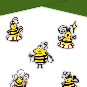 May include: A printable sticker sheet featuring five cartoon bees with various expressions. The bees are yellow and black, with white and red accents. Text at the top reads "Bee Stickers" and "5 printable stickers sheet."