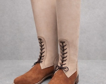 Ręcznie robione skórzane sznurowane kozaki do kolan – styl vintage z zamszowymi noskami