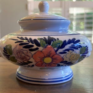 Vintage Hand Painted Ceramic Sugar Bowl, Folk Art Floral Lidded Dish, Sun Face Handles