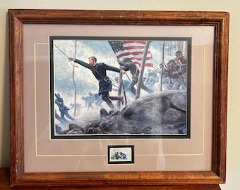 „Chamberlain's Charge“ Druck –Gettysburg-Gedenkmarke mit Holzrahmen