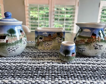 Vintage Tienshan Folkcraft Country Side Ceramic Set – 1990s Farmhouse Cow Barn Motif (4-Piece)