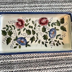 Vintage Hand-Painted Floral Ceramic Serving Tray, Cottagecore Platter with Handles (13x7)