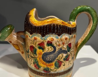 Vintage Italian Majolica Hand Painted Ceramic Watering Can Vase