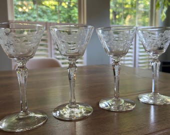 Vintage Libbey Glenmore Cordial Gläser Set | Geätzte Blumen MCM Barware (4er Set)