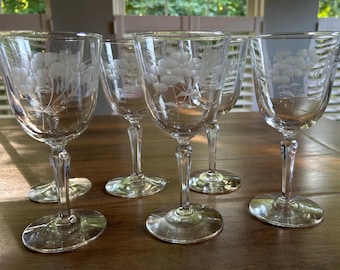 Vintage Libbey Glenmore vattenbägare – set om 6, kristallglas med blommönster från mitten av århundradet