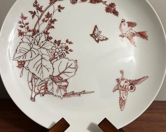 Antiek longwy-bord, botanisch patroon, gesigneerd P-brommer, bruin transferware Terre de Fer
