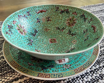 Juego de servir de porcelana Famille Rose turquesa china vintage • Bol de 23 cm, plato de 25 cm