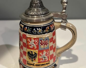 Vintage Hand-Painted Prague Beer Stein – Bohemian Ceramic Mug with Pewter Lid, Czech Souvenir 5"