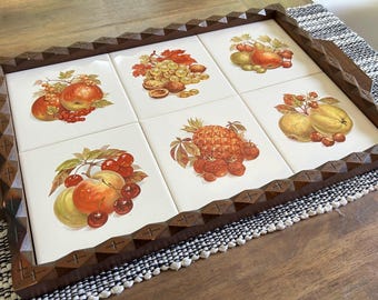 Vintage 1970s Mexican Wood Serving Tray, Ceramic Fruit Tiles, Mid Century Platter