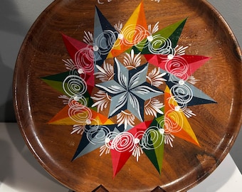 Stary, ręcznie malowany drewniany talerz z Kostaryki – Sarchí Mandala Folk Art, 9 cali