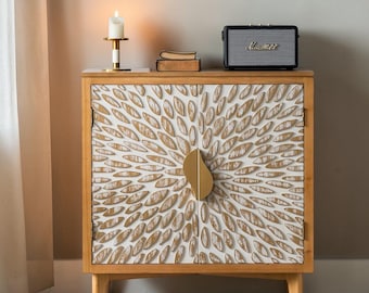 Boho Accent Cabinet Sunburst Carved Doors Wood Storage Sideboard with Gold Handles