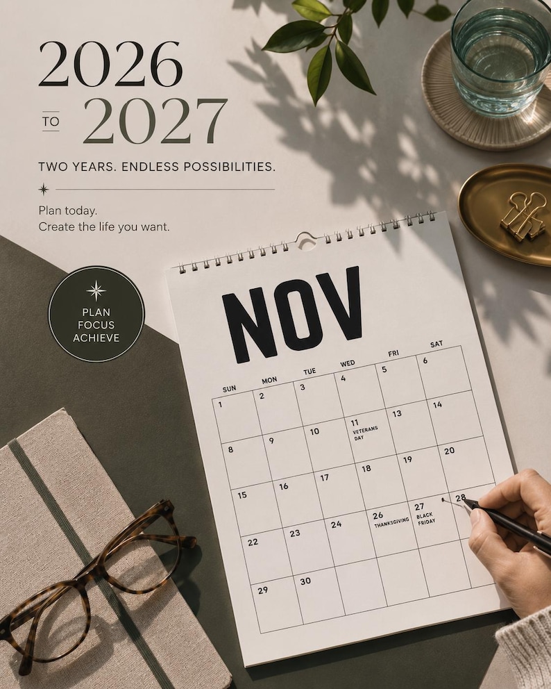 Peut inclure: Un calendrier ouvert sur le mois de novembre, avec les ann&eacute;es 2026-2027 affich&eacute;es en haut. Le texte &laquo; Planifiez aujourd'hui. Cr&eacute;ez la vie que vous voulez. &raquo; est visible. Une personne &eacute;crit sur le calendrier avec un stylo.