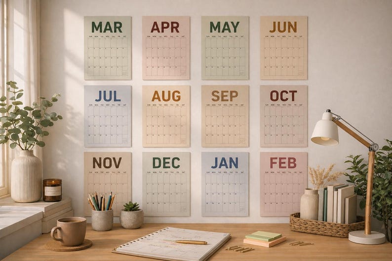 May include: A collection of twelve monthly calendars, each with a different pastel background color and month name. The calendars are displayed on a neutral-colored wall above a wooden desk. A desk lamp, stationery, and a coffee cup are also visible.
