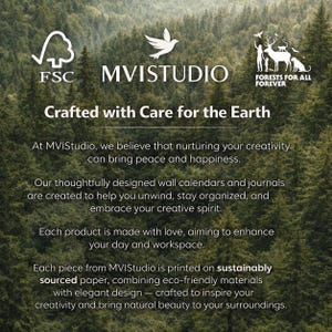 May include: Image features the FSC logo, a dove, and the text "MVISTUDIO" and "FORESTS FOR ALL FOREVER." The text "Crafted with Care for the Earth" is also present. The image is set against a backdrop of a lush green forest.