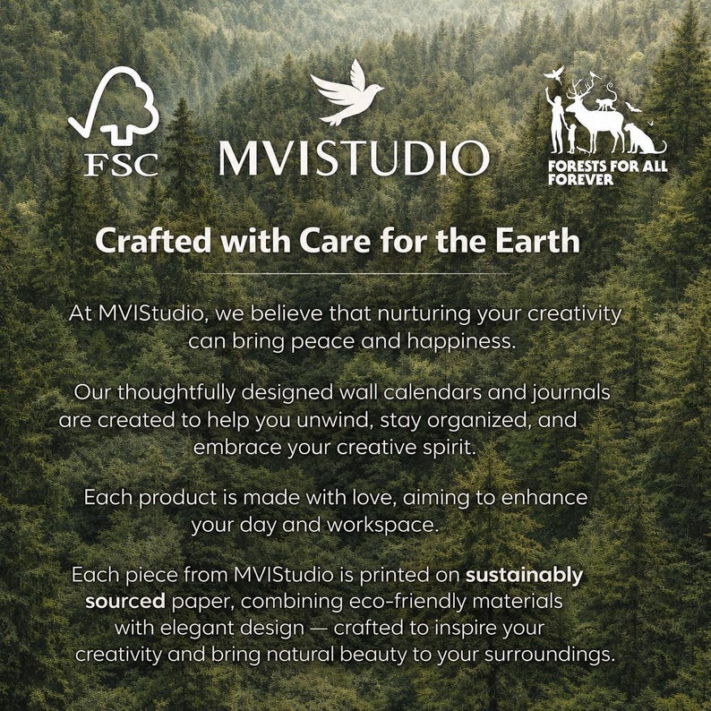 May include: Image features the FSC logo, a dove, and the text "MVISTUDIO" and "FORESTS FOR ALL FOREVER." The text "Crafted with Care for the Earth" is also present. The image is set against a backdrop of a lush green forest.