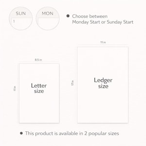 Pode incluir: Num fundo branco, s&atilde;o apresentados dois tamanhos de planejador: tamanho Carta (21,6 x 27,9 cm) e tamanho Ledger (27,9 x 43,2 cm). A imagem tamb&eacute;m mostra a op&ccedil;&atilde;o de escolher entre um in&iacute;cio de semana na segunda-feira ou no domingo. O texto inclui "Escolha entre segunda-feira ou domingo".