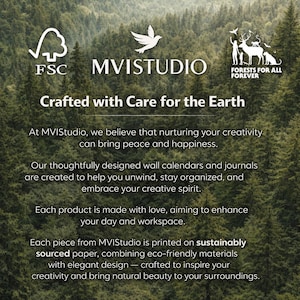 Peut inclure: L'image pr&eacute;sente le logo FSC, une colombe, et les textes "MVISTUDIO" et "FORESTS FOR ALL FOREVER". Le texte "Crafted with Care for the Earth" est mis en &eacute;vidence. L'arri&egrave;re-plan est une for&ecirc;t verte luxuriante.
