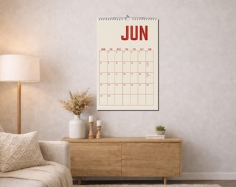 Vintage 2026, 2027 Wall Calendar Red, Colorful Retro Monthly Planner, Large Writing Space Hanging Calendar, Minimalist Home Office Decor