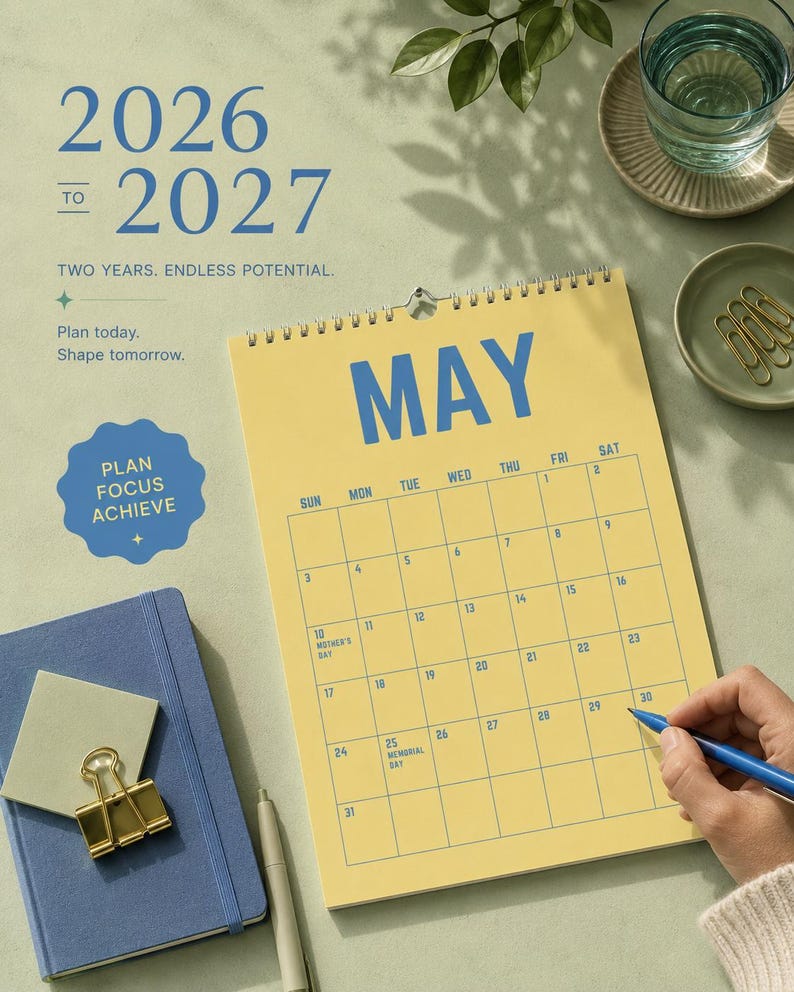 Pode incluir: Um calend&aacute;rio amarelo para maio de 2026-2027 com texto azul, um caderno azul e um clip dourado. O calend&aacute;rio tem encaderna&ccedil;&atilde;o em espiral e uma pessoa segura uma caneta azul. O texto inclui "Plan Focus Achieve".