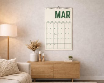 Calendário de parede vintage 2026, planejador mensal retrô colorido, calendário de parede com amplo espaço para anotações, decoração minimalista para casa ou escritório.