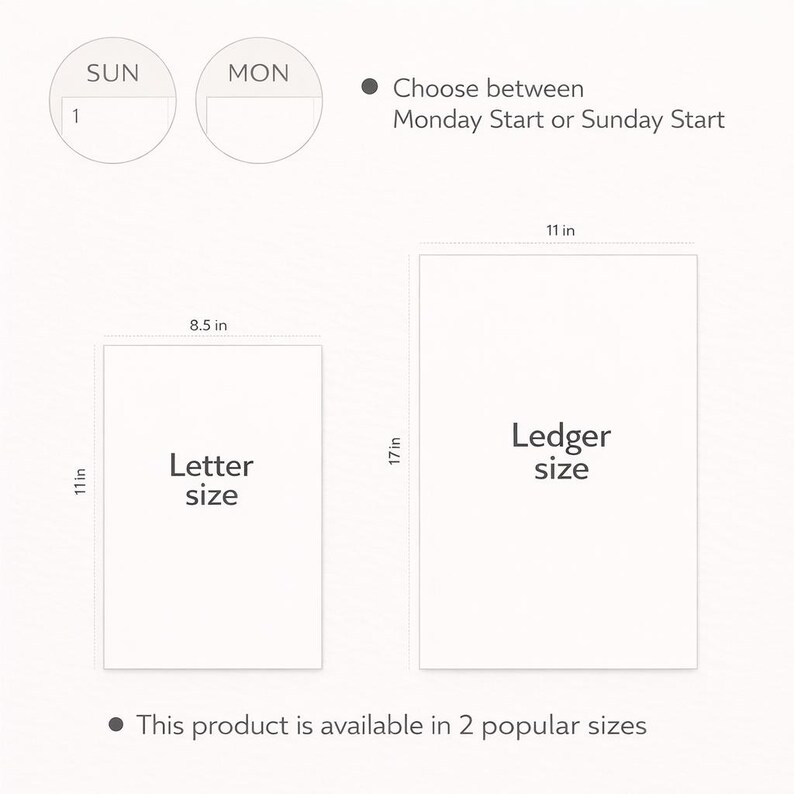 Peut inclure: Sur fond blanc, deux formats de planificateur sont pr&eacute;sent&eacute;s : format Lettre (21,6 x 27,9 cm) et format Ledger (27,9 x 43,2 cm). L'image montre &eacute;galement l'option de choisir entre un d&eacute;but de semaine le lundi ou le dimanche.