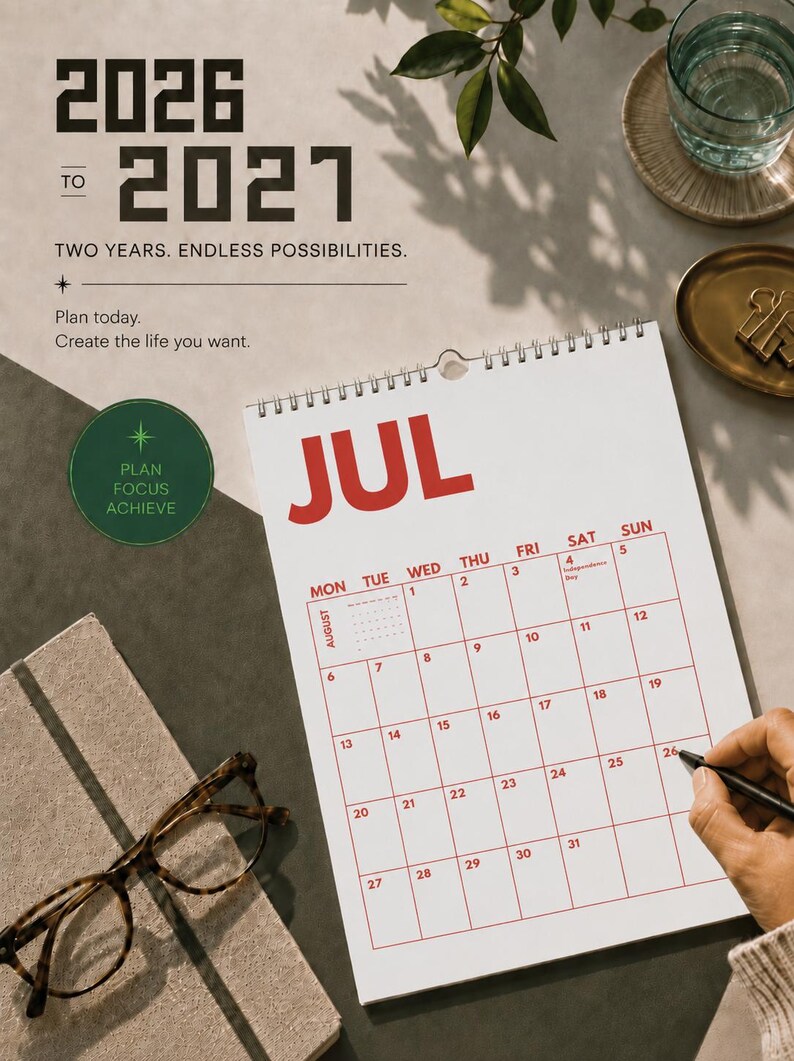 Pu&ograve; includere: Un calendario da parete per luglio che mostra una griglia con testo e linee rosse. Il testo recita 2026 TO 2027, TWO YEARS. ENDLESS POSSIBILITIES. Plan today. Create the life you want. PLAN FOCUS ACHIEVE. Una mano tiene una penna nera.