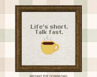 Schnelles Kreuzstichmuster „Life's Short Talk“, Kaffeetasse, Herbstdeko, Anfängerfreundlich (PDF-Download)