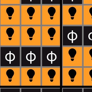 K&ouml;nnte beinhalten: Ein Rastermuster aus orangefarbenen und schwarzen Quadraten in Reihen und Spalten. Die Quadrate enthalten schwarze oder wei&szlig;e Symbole, darunter die Zahl 2, den griechischen Buchstaben Phi, Gl&uuml;hbirnensymbole, Et-Zeichen und einen diagonalen Pfeil.
