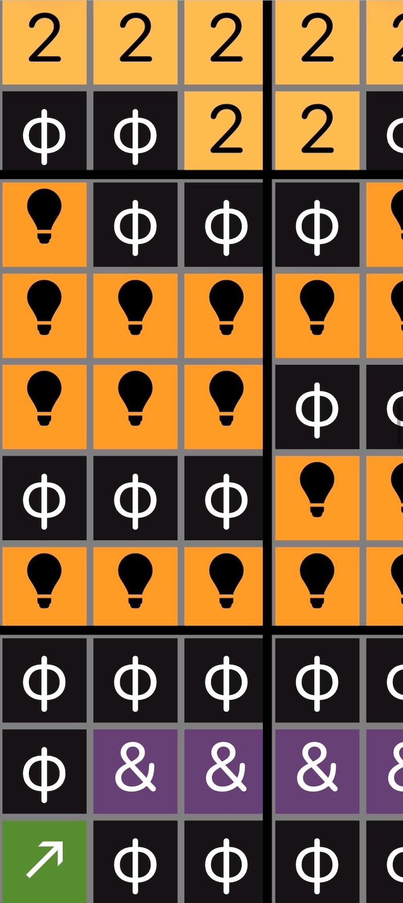 K&ouml;nnte beinhalten: Ein Rastermuster aus orangefarbenen und schwarzen Quadraten in Reihen und Spalten. Die Quadrate enthalten schwarze oder wei&szlig;e Symbole, darunter die Zahl 2, den griechischen Buchstaben Phi, Gl&uuml;hbirnensymbole, Et-Zeichen und einen diagonalen Pfeil.