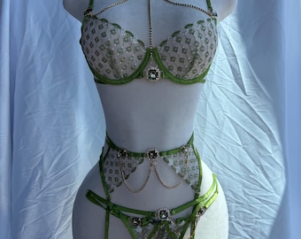 Green goddess lingerie 3 pc set with gold chains