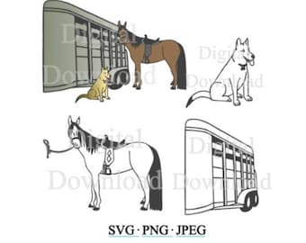 Trail Ready Horse Dog Trailer Image Bundle SVG, Horse Trailer GSD Silhouette File Bundle, Horse Riding Cut File Cricut, Trail Horse Clip Art