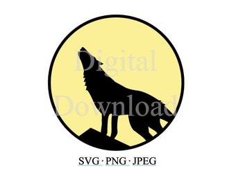 Coyote Howling at the Moon SVG, Coyote Cut File Svg, Coyote Silhouette Svg, Coyote and Moon PNG JPG Image File Clipart Vector, Wolf Svg Png