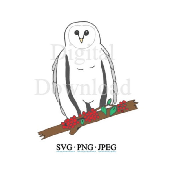 Snowy Owl SVG, Snowy Owl Cut File Cricut, Owl on Branch PNG, Tree Owl JPEG, Snow Owl Image File, Snow Owl Bird on Tree Branch Clipart Vector