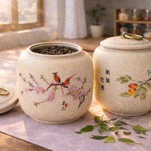 Könnte beinhalten: Zwei beige Keramik-Teedosen mit Deckeln, verziert mit bemalten Vögeln und floralen Zweigen. Eine Dose ist offen und zeigt Teeblätter. Die Deckel haben goldfarbene Ringgriffe. Die Dosen stehen auf einer hellen Oberfläche.