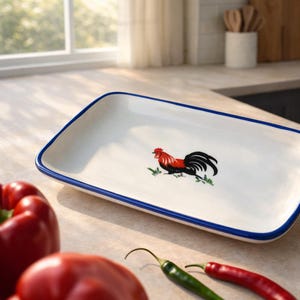 Puede incluir: Una fuente rectangular blanca con borde azul. La fuente presenta una ilustración de gallo rojo, negro y verde. Pimientos rojos y chiles verdes y rojos en primer plano, lo que sugiere un entorno de cocina.