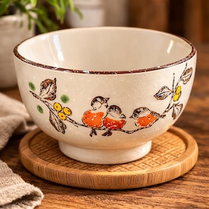 Puede incluir: Cuenco de cerámica color crema con borde marrón, decorado con pájaros y ramas. El cuenco se apoya en un posavasos redondo de bambú tejido. Los pájaros son de color naranja y marrón.