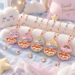 Kawaii Cloud Locket Necklace, Dreamy Sky Pendant Jewelry, Rainbow Moon Star Sun Charm Necklace, Cute Alloy Gift for Women