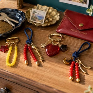 May include: Four decorative keychains featuring gold-tone metal rings, blue cord loops, and various charms including red and yellow beads, a red heart, a gold fish skeleton, a star, and a crescent moon, arranged near a red leather pouch.
