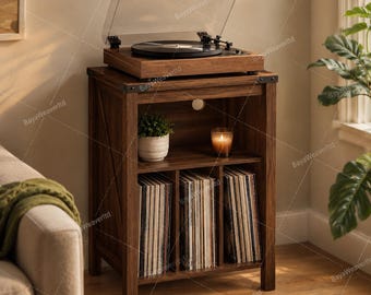 Wooden Record Player Stand | Vinyl Record Storage Stand | Turntable Station | Vinyl Storage Shelf | Modern Media Console