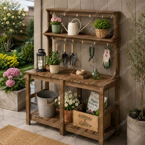May include: A brown wooden potting bench with a top shelf, a work surface, and a lower shelf. It features metal hooks for hanging tools, a galvanized metal bucket, a wooden crate labeled Flowers & Garden, and various potted plants and gardening supplies.