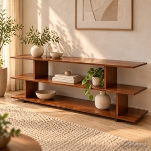 May include: A long, low-profile wooden console table with three horizontal tiers supported by vertical dividers. The piece features a warm brown wood grain finish and is styled with various ceramic vases, bowls, and a small potted green plant.
