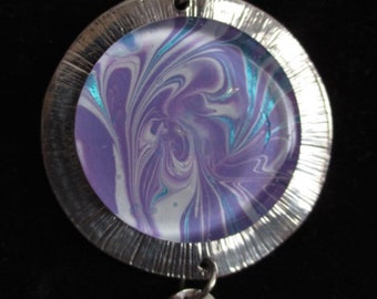 Marbled Round Pendant in Lavender and Blue with Ribbon Necklace  HH30