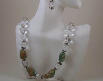 Green Magnesite Nuggets and Crystal Beaded Necklace and Earrings Set