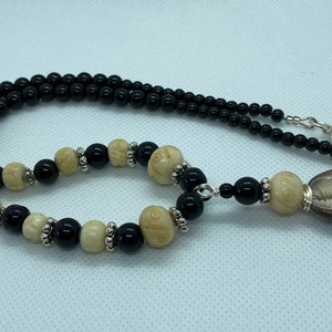 Cowrie Shell Pendant Beaded Necklace Afrocentric Necklace Bone Beads Glass Beads Pewter Spacers